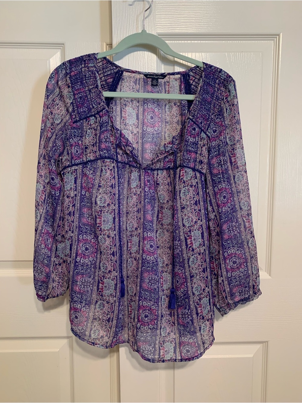 American Eagle Purple Paisley Tassel Boho Blouse Sz L